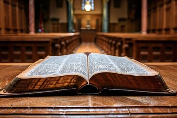 Obraz premium Close-up Shot of a Law Book on a Wooden Desk in a Courtroom