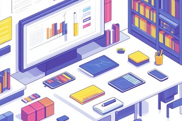 Obraz premium Isometric Illustration of a Smart Classroom Setup