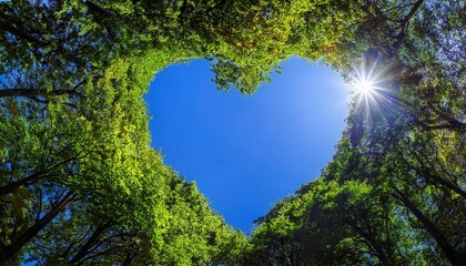 Romantic Forest Escape. Heart Shaped Canopy Framing the Bright Blue Sky for Nature Inspired Love Celebrations on Valentine's Day. Perfect for Outdoor Dates, Events, and Eco Themed Card Designs