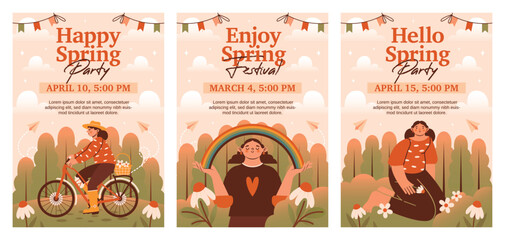 Enjoy Spring Party. Collection of invitation templates on spring party and festival. Posters with vector naive illustrations of women sitting on grass among flowers, rides on bicycle, hold rainbow. 