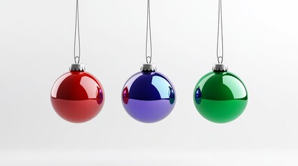 Three Christmas ornaments hanging from a string. The ornaments are red, blue, and green