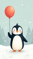 Fototapeta premium Illustrated penguin holding a red balloon in the snow