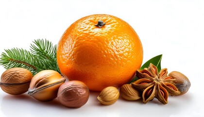 Christmas decoration with oranges and nuts on white background