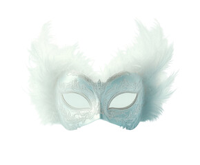 Elegant white mask with feathers, isolated on white. PNG transparent.