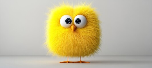 Fototapeta premium Fuzzy yellow chicken with big eyes stands in front of a white background. The image has a playful and whimsical mood, as the chicken's appearance is exaggerated and comical