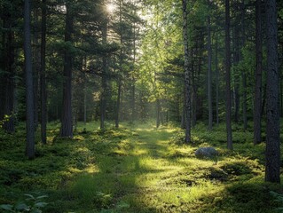 Obraz premium A serene forest landscape featuring sunlight filtering through tall trees, illuminating a lush green path and mossy ground.