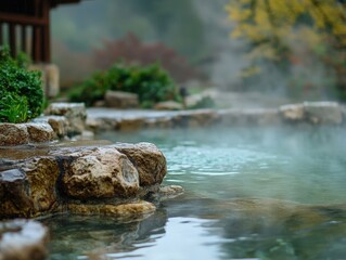 A serene hot spring surrounded by natural rock formations and lush greenery, offering a peaceful escape in a tranquil setting.