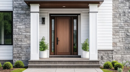 A wooden front door, surrounded by windows, with white, blue, and stone siding