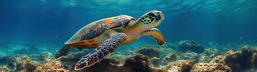 Fototapeta premium A serene underwater scene featuring a graceful sea turtle swimming above vibrant coral reefs.