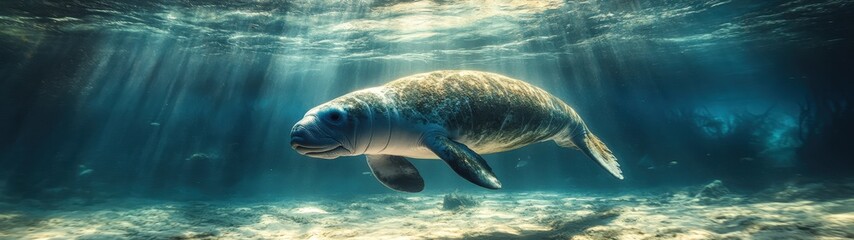 Obraz premium A serene underwater scene featuring a manatee gracefully swimming in soft, filtered light, showcasing its natural habitat.