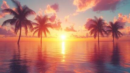 Fototapeta premium A scenic sunset over a calm ocean with palm trees silhouetted against the vibrant sky.