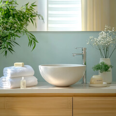 Fototapeta premium Vase with beautiful pink tulips and toiletries near sink in bathroom