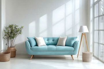 Fototapeta premium sofa in spacious room against blank white wall with copy space Scandinavian interior design of modern living room