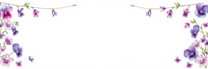 Fototapeta premium Watercolor floral frame border with pansy and viola flowers in gray rectangle, space for text, wedding invitations, birthday posters, violets fair, border, floral