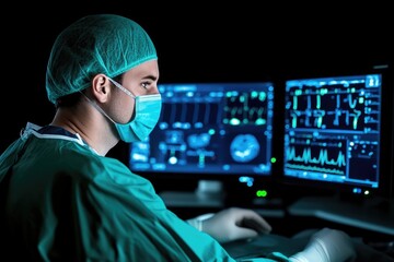 Male healthcare professional monitoring vital signs in modern medical facility