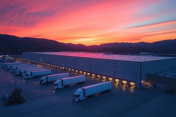 Fototapeta premium Majestic Sunset Over Modern Warehouse with Fleet of Trucks Ready for Transportation Against Vibrant Sky