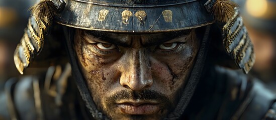 Close-up of a fierce samurai warrior's face, battle-worn and determined.