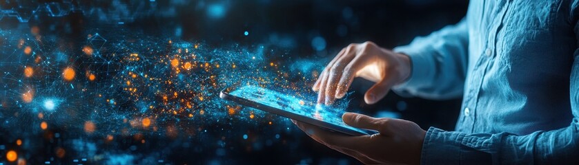 Futuristic Digital Interface with Holographic Data Visualization on Tablet in Hands of Business Professional