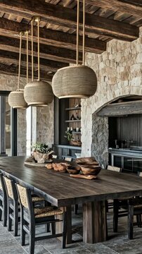 Rustic dining area featuring a large wooden table and woven pendants in a stone-walled setting