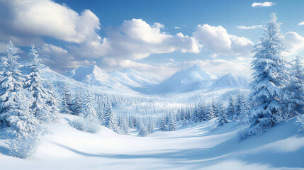 Obraz premium A serene snowy winter landscape showcasing rolling hills and evergreen trees under a bright blue sky. Ideal for winter-themed designs, holiday cards, and wallpapers.
