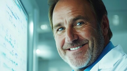 Elderly caucasian male scientist smiling in a laboratory setting