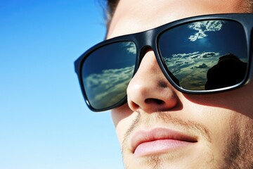 Reflection of sky in sunglasses worn by young caucasian male outdoors