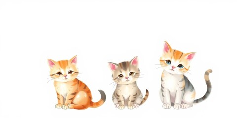 Obraz premium Watercolor painting of adorable pink cats in various playful poses with a blank center for text or design elements, feline, illustration