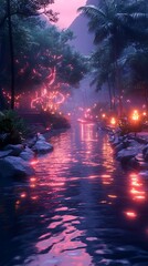 Fototapeta premium A sleek river with interactive digital currents and neon-lit riverbanks, promoting tranquil beauty 