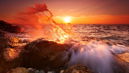 Splashing waves on rocks as the sun sets in a red sky.