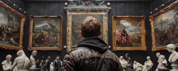 Young Man in Leather Jacket Contemplating Art in a Museum Gallery Surrounded by Classical Paintings and Sculptures