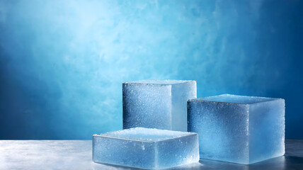 Geometric ice pedestals or podiums for product placement in blue cool colors. Concept of winter product presentation