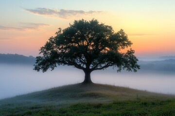 Fototapeta premium A lone tree stands on a hilltop, silhouetted against a misty sunrise.