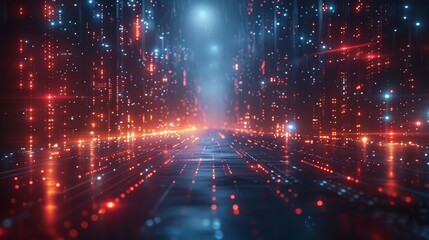 Obraz premium Futuristic Digital Background with Glowing Red and Blue Lights in a High-Tech Virtual Environment