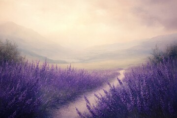 A winding path through a field of lavender with a hazy mountain backdrop.