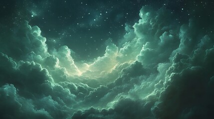 Dreamlike teal cloudscape at night, glowing from within, starry sky.