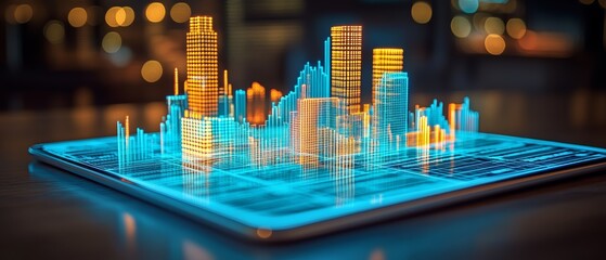 Dynamic stock market data holographically projected over urban landscape technology visualization night setting futuristic insight