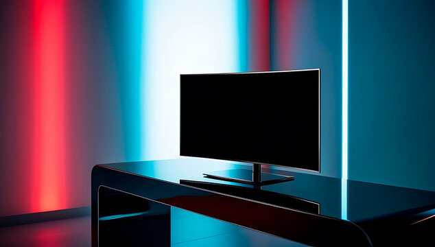 a computer monitor is on a table with a colorful backdrop2