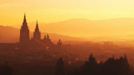 Fototapeta premium Compostela Cathedral at Hazy Sunset: Serene City Landscape View of Santiago de Compostela Tower