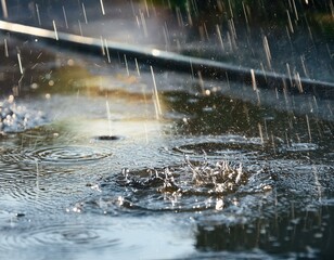 close up rain water drop falling to the floor in rainy season