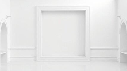 White empty room with mockup photo frame border, abstract and decorative concept, minimal architecture, simplicity theme, 3d illustration, graphic design, border, photo frame