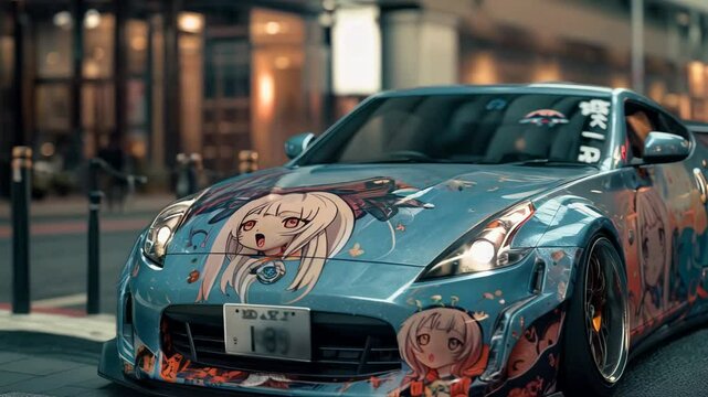 Itasha sports car wrapped with anime characters parked in Japanese street