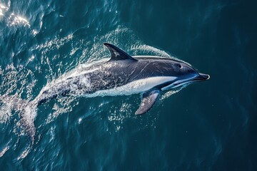 Fototapeta premium A lone dolphin swims through the clear blue water with its dorsal fin above the surface, seen from a high angle.