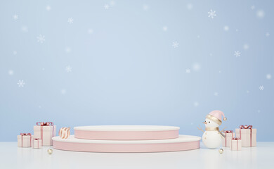 3D rendering pink and white product display stage, with cute snowman model and gift boxes on light blue sky with snowflake background. Cute Christmas sale presentation scene.