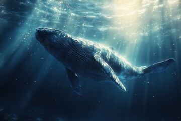 Naklejka premium A majestic humpback whale swims gracefully through the clear blue ocean water, bathed in sunlight.
