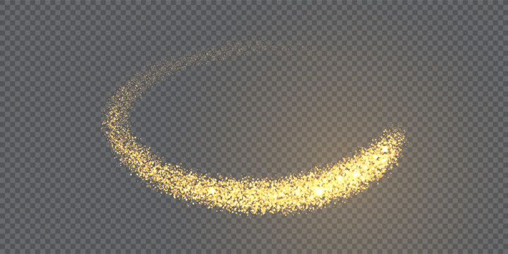 Gold dust swoosh with transparent overlay effect. Glitter circle swirl. Sparkling festive element of design. Abstract vector illustration