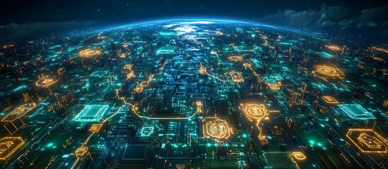 Futuristic city glowing at night, viewed from space.