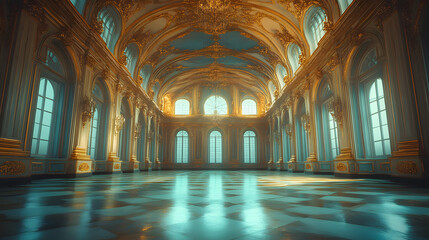 Obraz premium Mesmerizing Cinematic Still of an Opulent 1920s Empty Parisian Ballroom Highlighting Light and Shadows