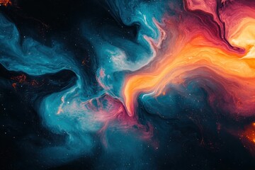 Fototapeta premium Abstract swirling blue, orange, and red paint with a starry background.