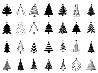 Obraz premium Black and White Christmas Tree Silhouette Vector Set with Festive Lights