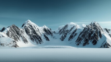 Obraz premium Snow-covered mountain range under clear blue sky with expansive ice field in foreground